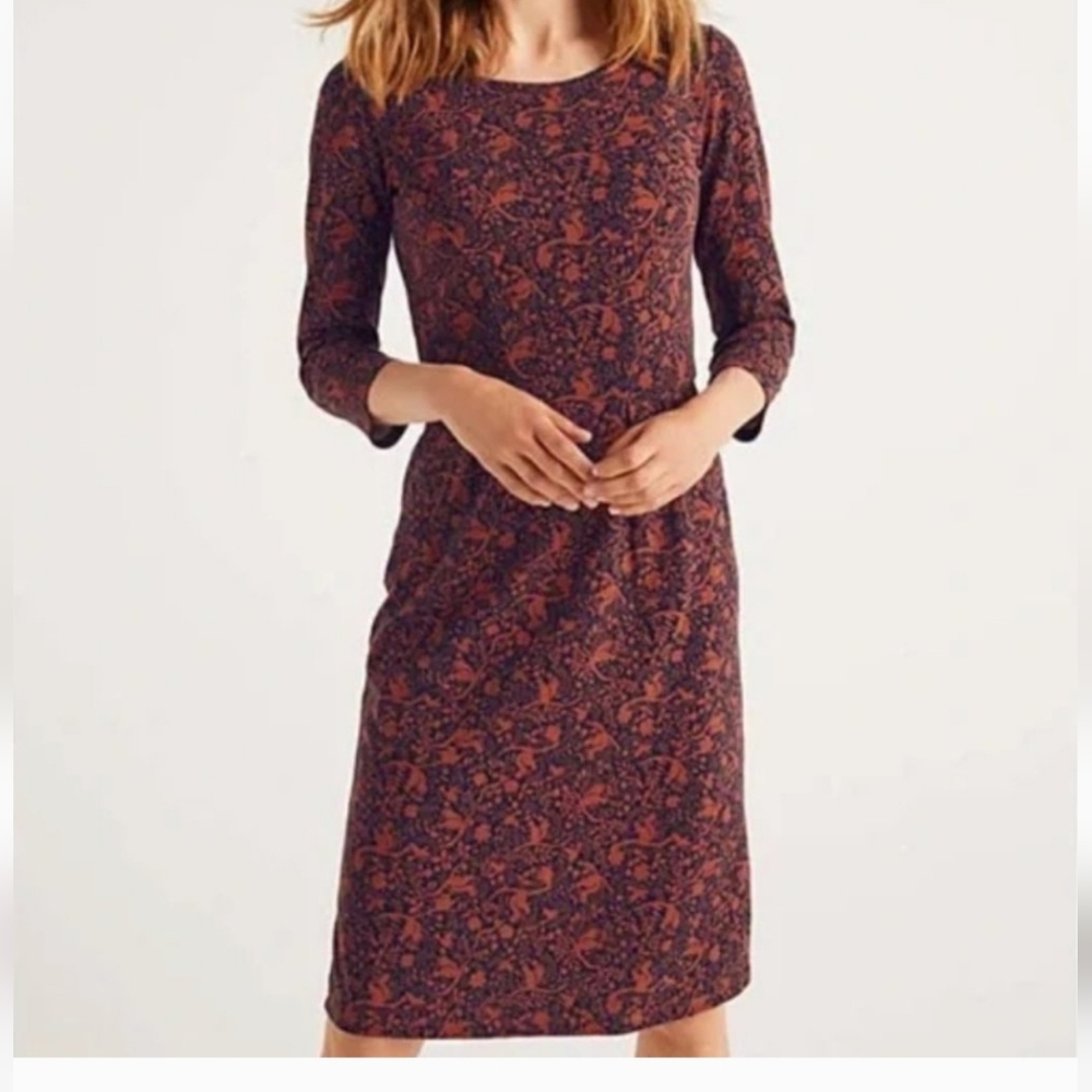 Boden Brown And Navy Patterned Long Sleeve Dress 10R